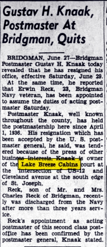 Lake Breeze Motel (Lake Breeze Cabins, Lake Breeze Cabin Court) - June 1946 Article (newer photo)